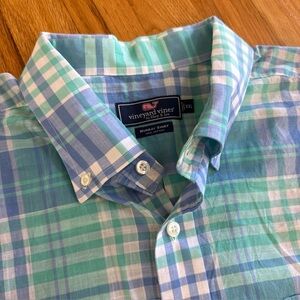 VINEYARD VINES XXL Classic Fit Murray Shirt Blue Teal Plaid Short Sleeve